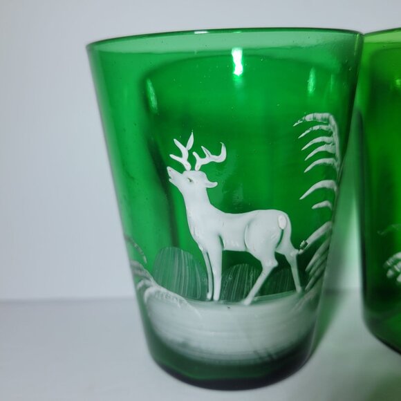 Vintage Mary Gregory Green Glass Tumblers With White Deer Design Set Of 2 - Picture 2 of 8